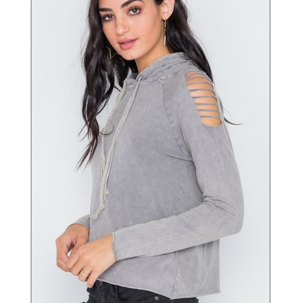 Host Pick!Grey Stonewash Laser Cut Long Sleeve Top